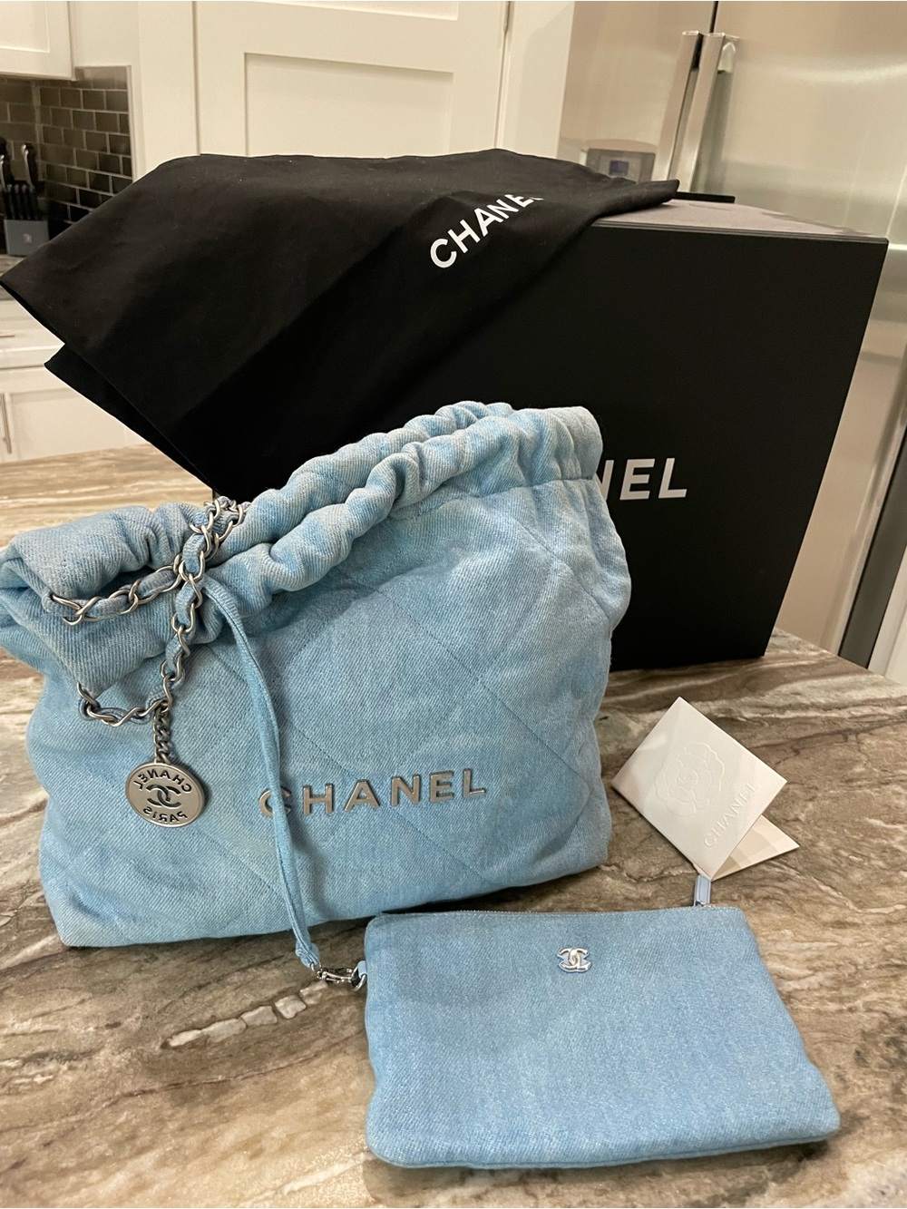 CHANEL Light Blue Quilted Ruched Shoulder Bag with Chain Strap - Picture 8 of 9